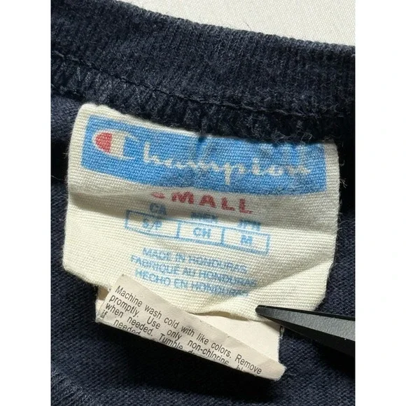 Vintage Champion T Shirt Men Small Navy Blue Graphic Spellout Script Logo Cotton - Picture 3 of 8